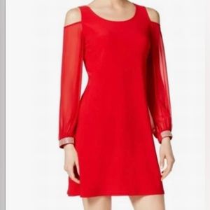 (NWOT) MSK Size 2 Red cold shoulder dress, rhinestone cuffs, sheer long sleeves.